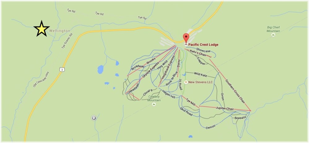 Wellington (Tye) in relation to the popular Stevens Pass ski area, elevation 4062. You can see the snowshed from Highway 2. 